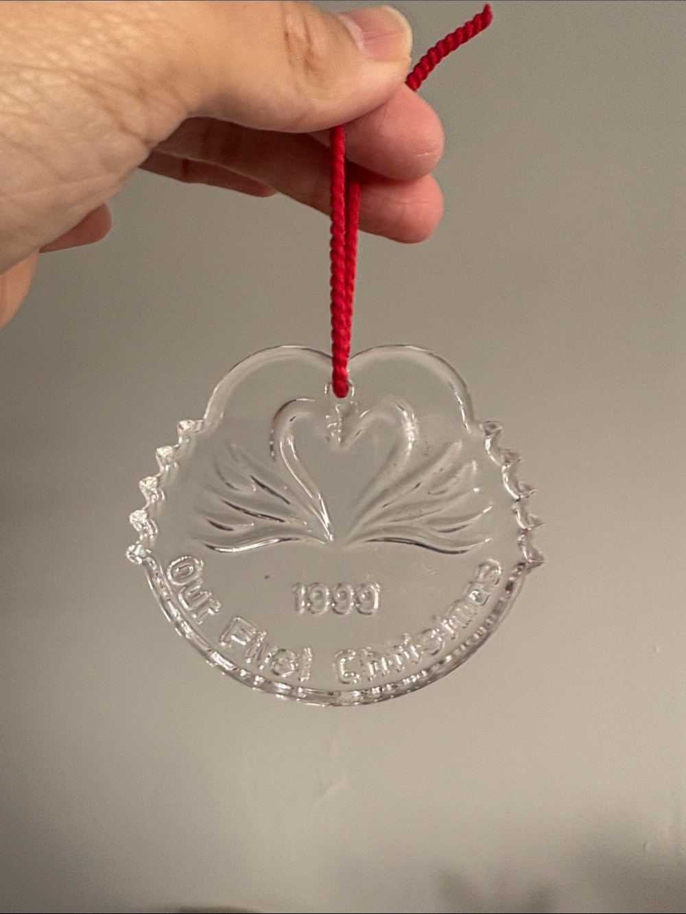 Waterford Crystal Clear Heart Swans Ornament with Red Cord